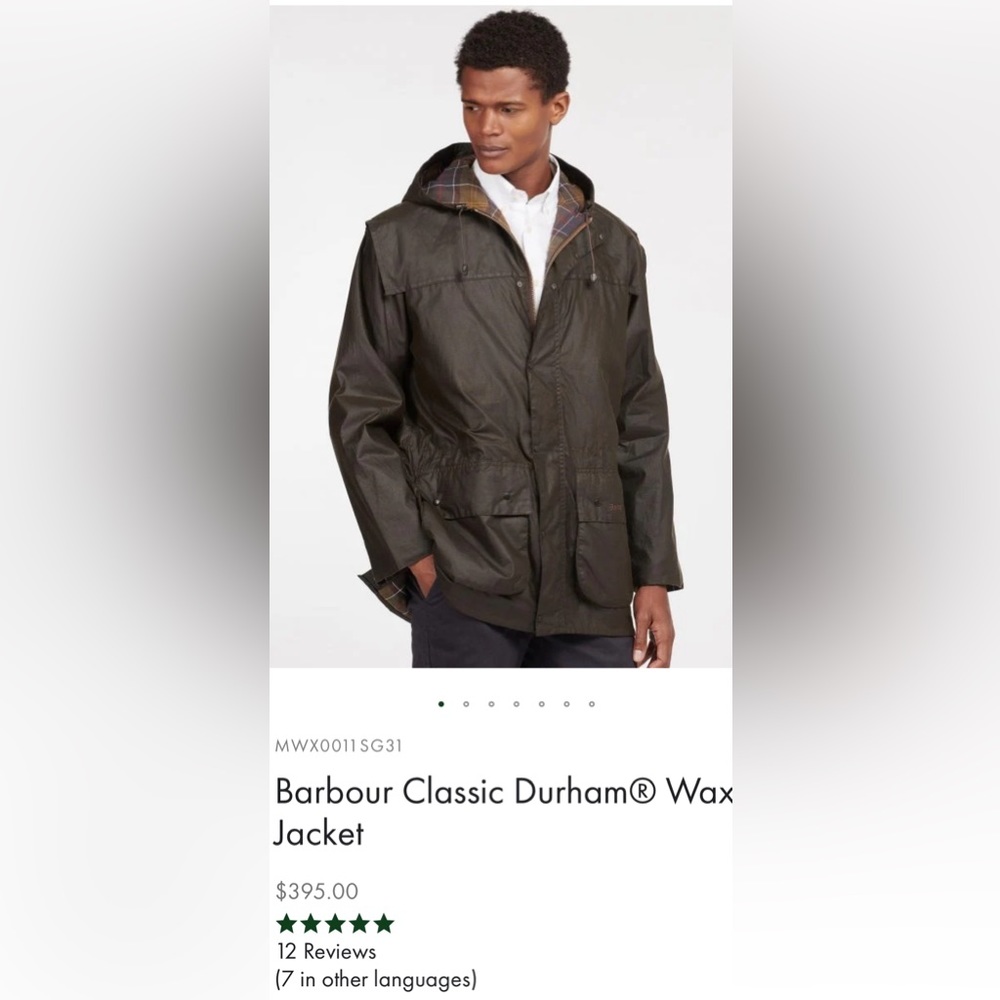 Barbour Classic Durham Waxed Jacket Size 46 (XL).  Never worn. Paid $395.